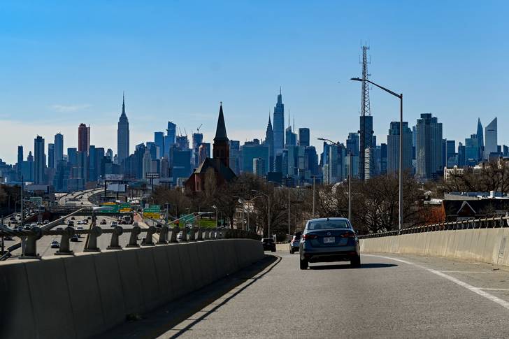 A view of the Manhattan skyline from the Long Island Expressway in New York.